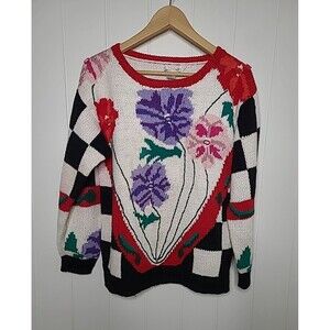 Vintage Knitted by Hand Sweater Womens Size Large Floral Cottagecore Boho